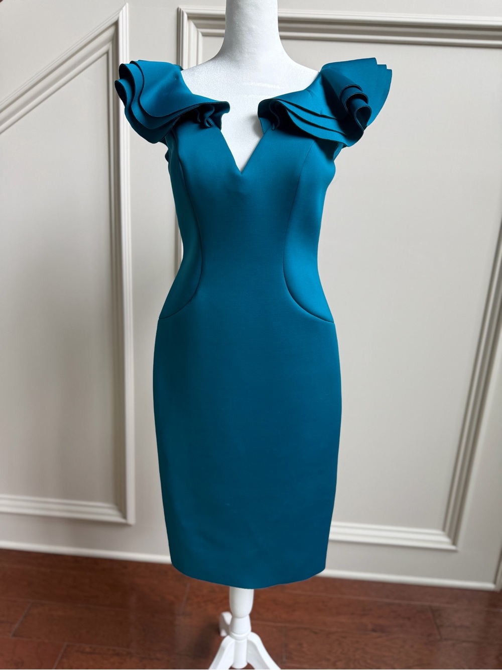 Eliza J Teal Ruffle-Shoulder Midi Sheath Dress